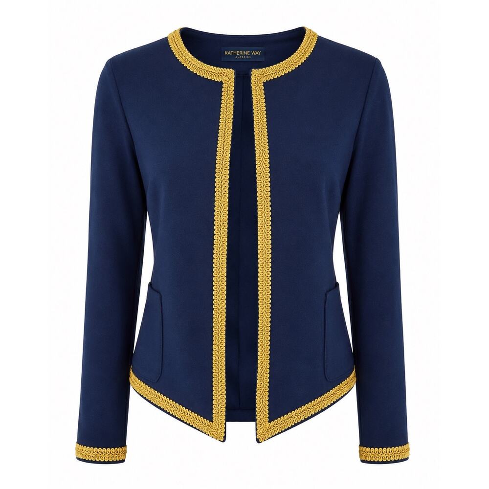 Katherine Way Navy Gold Trim Open Front Jacket NWT Military Blazer Size Small